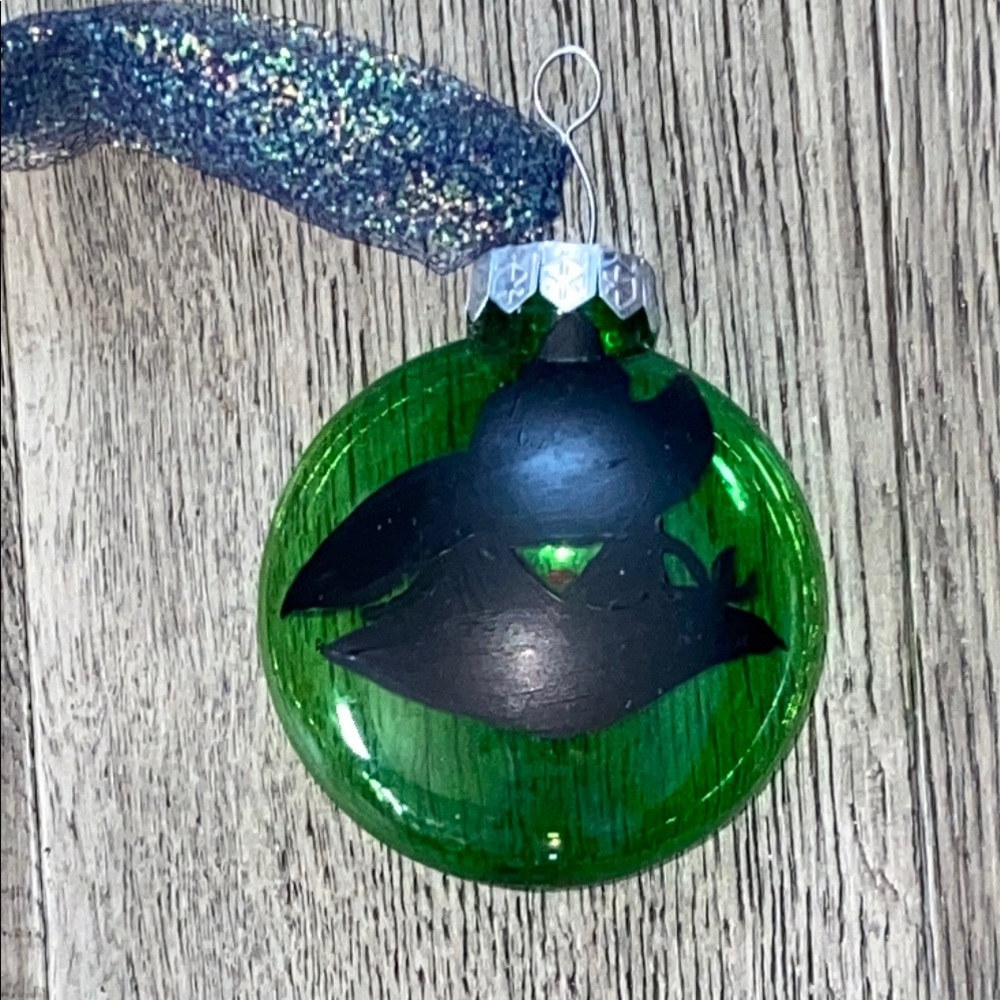 WICKED ELPHABA Green Glass Ornament with Black Silhouette Brand New